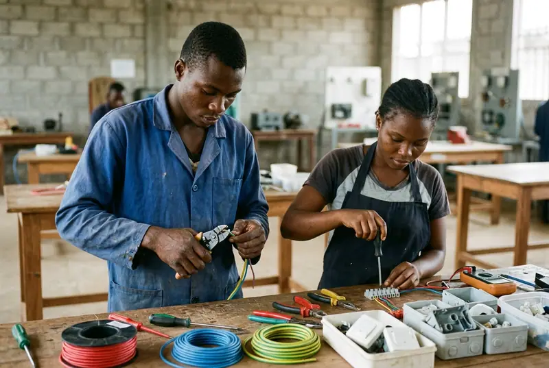 Vocational trainees working with tools and equipment in a practical workshop in Yaoundé.