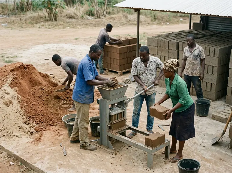 Artisanal production cluster members manufacturing interlocking earth blocks in Cameroon.
